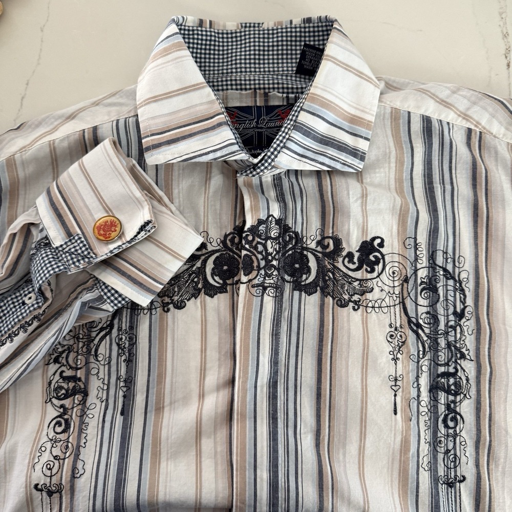 English Laundry Coat of Arms Crest Men White Striped Shirt French XL Embroidery